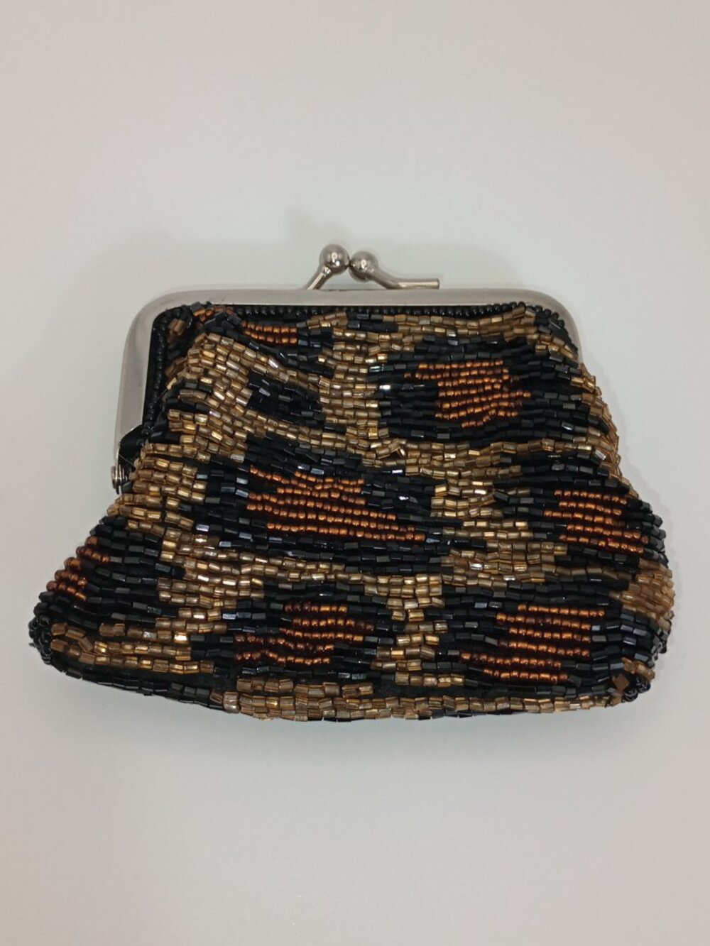 Vintage Beaded Coin Purse Leopard Print Kiss Lock Change Purse Mini Clutch